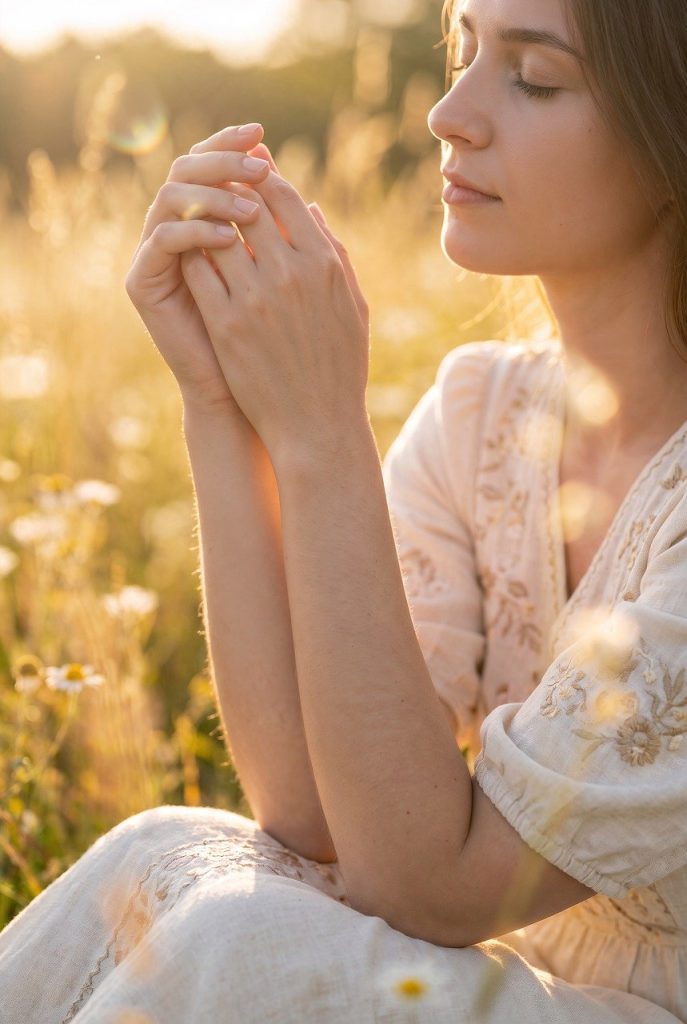 peace, nature, woman, sunset, meditation, prayer, calm, light, field, grass, spiritual, mindfulness, golden, summer, beauty, dream, relaxation, gentle, soft, warm, healing